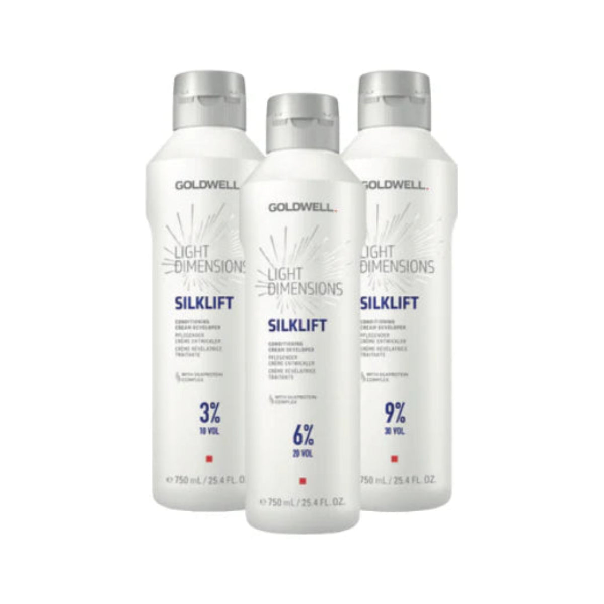 Three Goldwell Light Dimension SilkLift hair care bottles on a white background