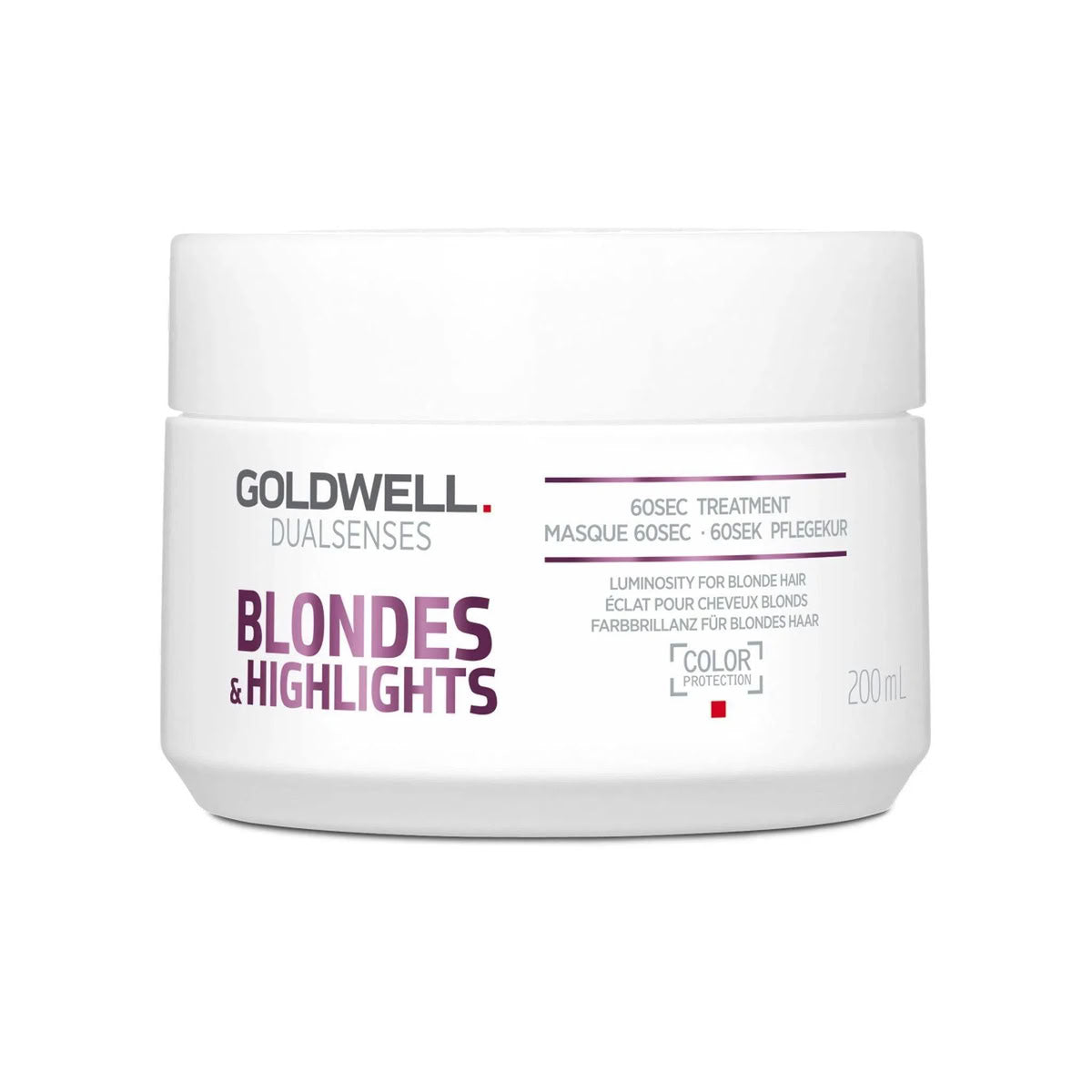 A white jar of Goldwell Dualsenses Blondes & Highlights 60sec Treatment, 200 ml, on a clean white background.