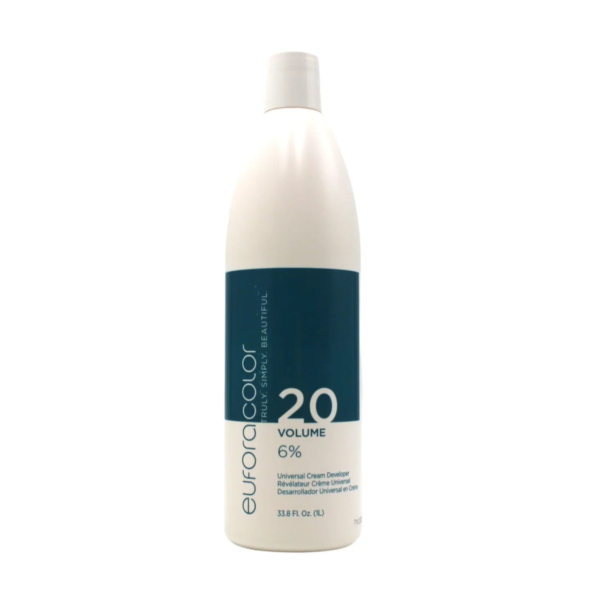 A bottle of Eurocolor 20 Volume 6% Universal Hair Developer on a solid white background.