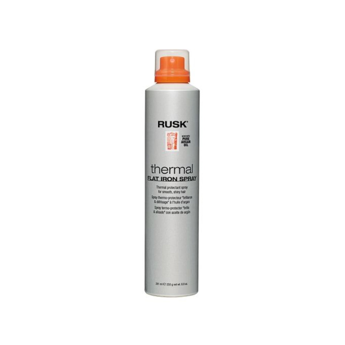 Rusk Thermal Flat Iron Defrizz spray bottle on a white background