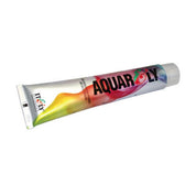 A tube of Aquaroly aquarium water conditioner, featuring a white cap and a colorful gradient label with green, yellow, orange, and red swirls on a white background.