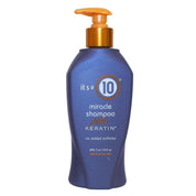Blue shampoo bottle with pump labeled 'it's a 10' on a white background