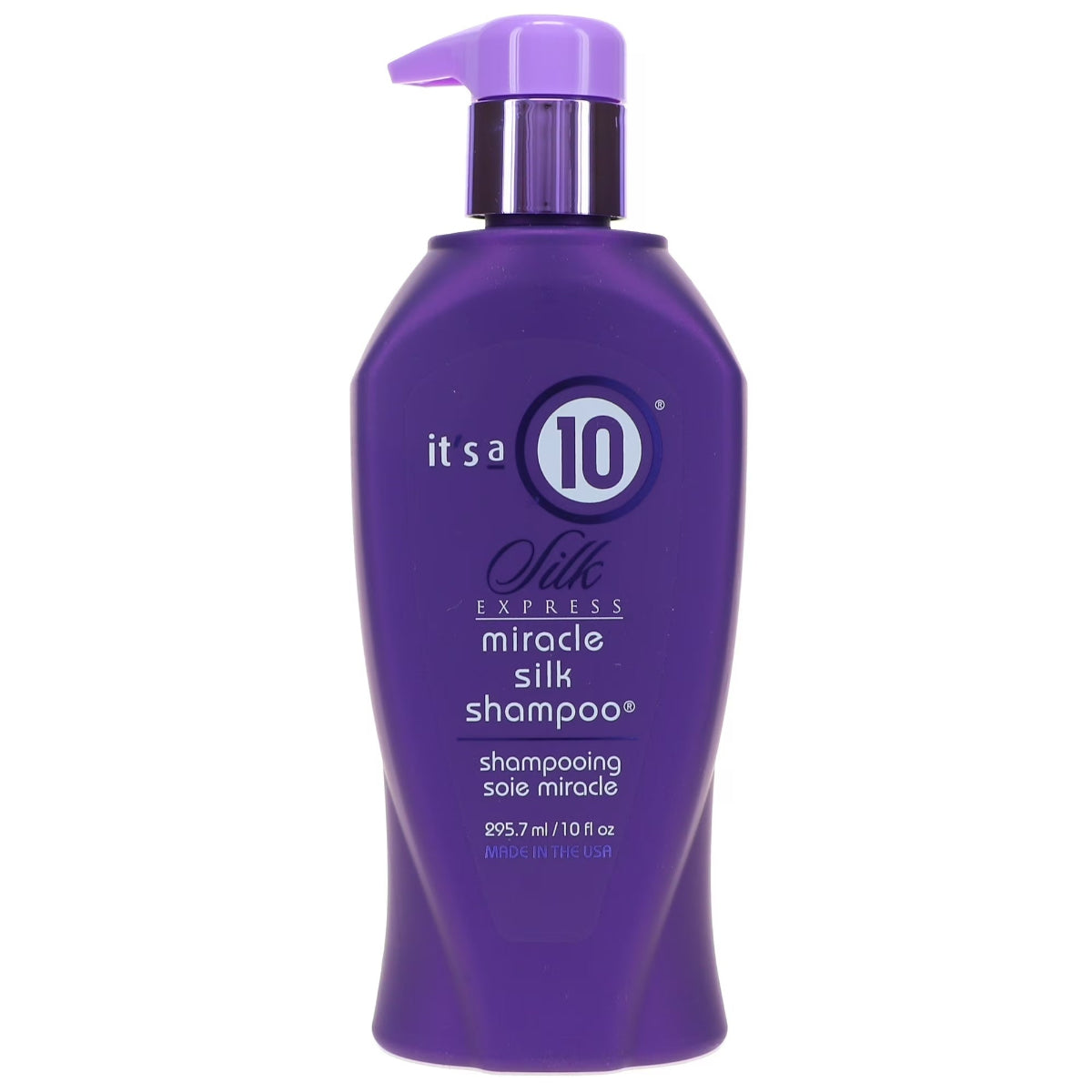 Purple shampoo bottle with pump labeled 'it's a 10' on a white background