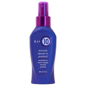 Blue bottle of 'it's a 10' miracle leave-in product with purple cap on white background