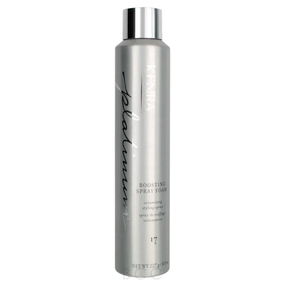 Silver spray bottle labeled 'Kenra Platinum Boosting Spray Foam 17 ' on a white background