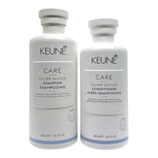 Two bottles of Keune Care Silver Savior Shampoo and Conditioner on a white background