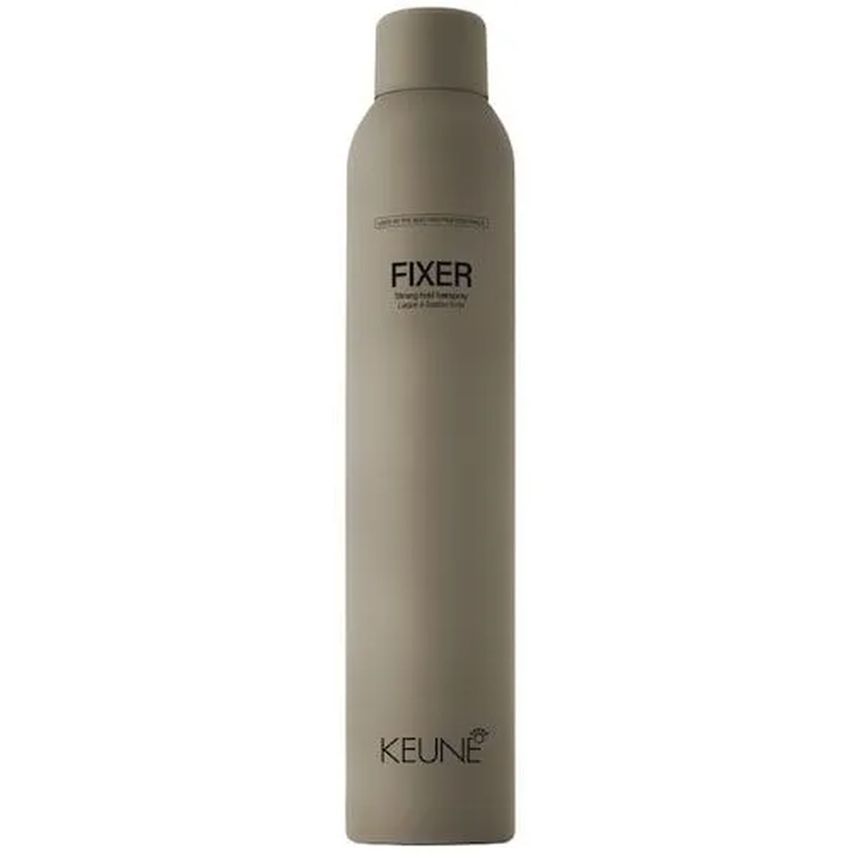Keune Fixer spray bottle on a white background