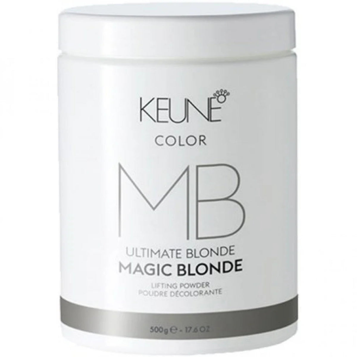 A white plastic jar of Keune Color Ultimate Blonde Magic Blonde lifting powder, featuring a gray metallic band at the bottom and black text on the front label.