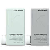 Two Kevin Murphy haircare bottles on a white background: a pale mint green Stimulate-Me Wash bottle on the left and a light gray Stimulate-Me Rinse bottle on the right, each with a white cap partially visible.