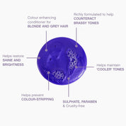 Kevin Murphy Blonde Angel Wash Purple conditioner bottle with text highlighting features on a white background
