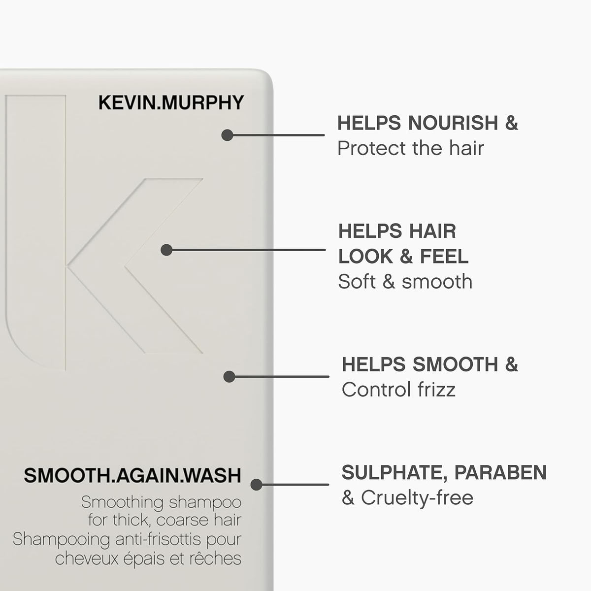 A close-up of a Kevin Murphy smoothing shampoo bar with text callouts explaining its benefits: helps nourish and protect hair, helps hair look and feel soft and smooth, helps smooth and control frizz, and is sulphate, paraben and cruelty-free.