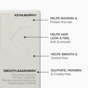 A close-up of a Kevin Murphy smoothing shampoo bar with text callouts explaining its benefits: helps nourish and protect hair, helps hair look and feel soft and smooth, helps smooth and control frizz, and is sulphate, paraben and cruelty-free.
