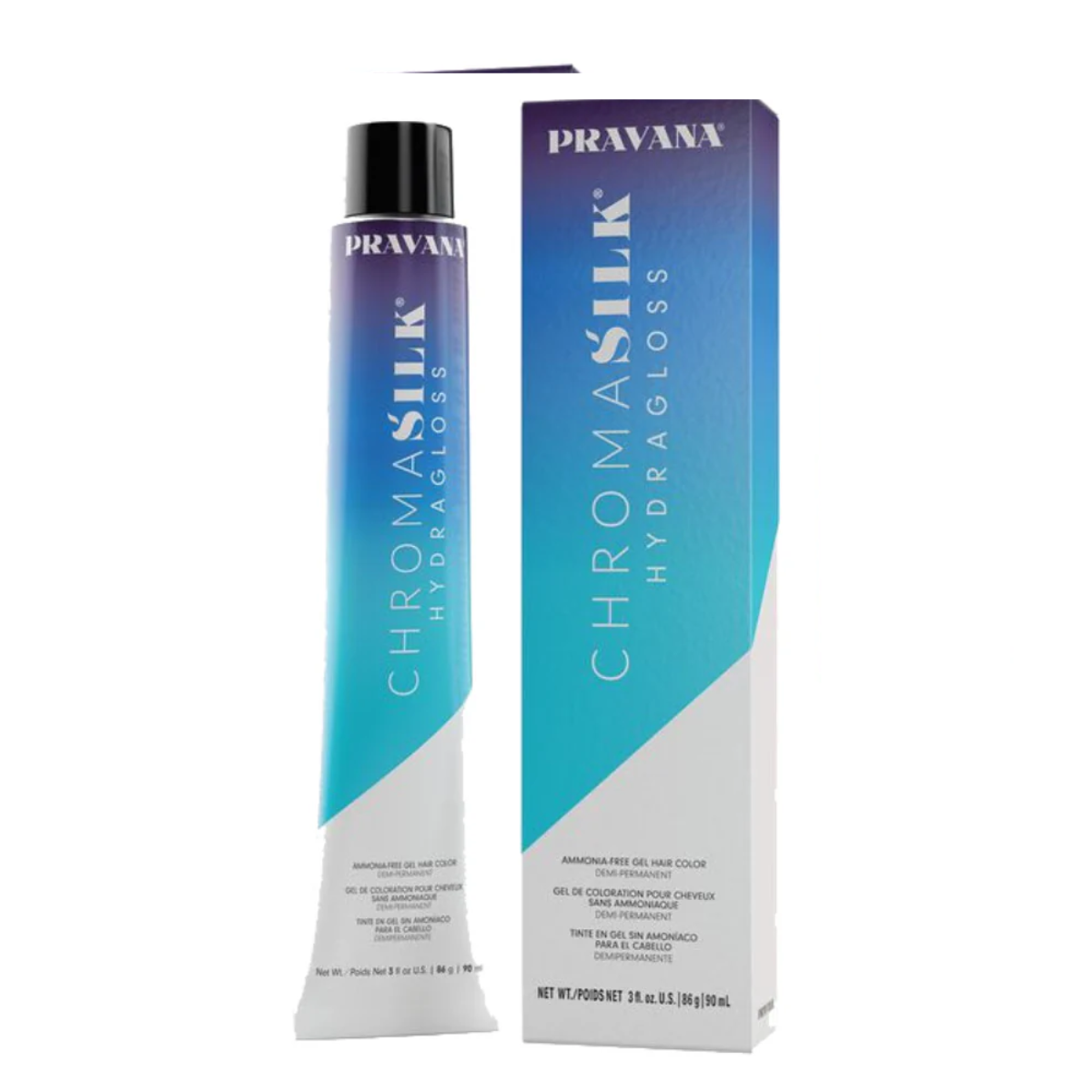 Pravana ChromaSilk Hydragloss hair color tube and packaging on a white background