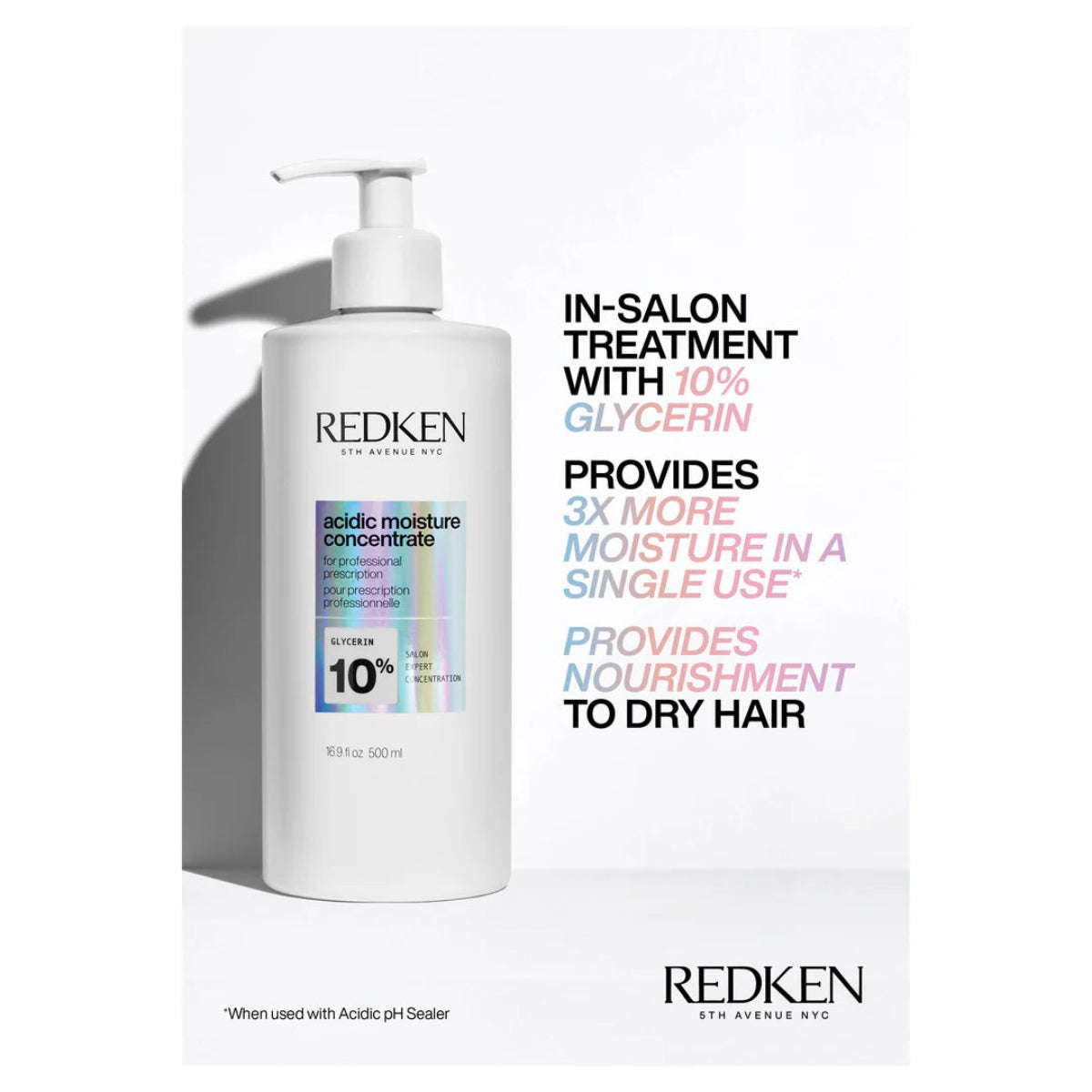 Redken hair treatment bottle with promotional text on a white background