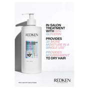 Redken hair treatment bottle with promotional text on a white background