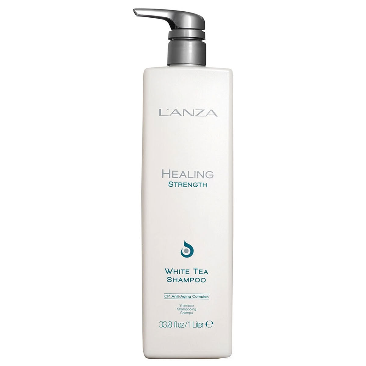 L'ANZA Healing Strength White Tea Shampoo in a tall white rectangular bottle with a silver pump dispenser, shown against a plain white background.