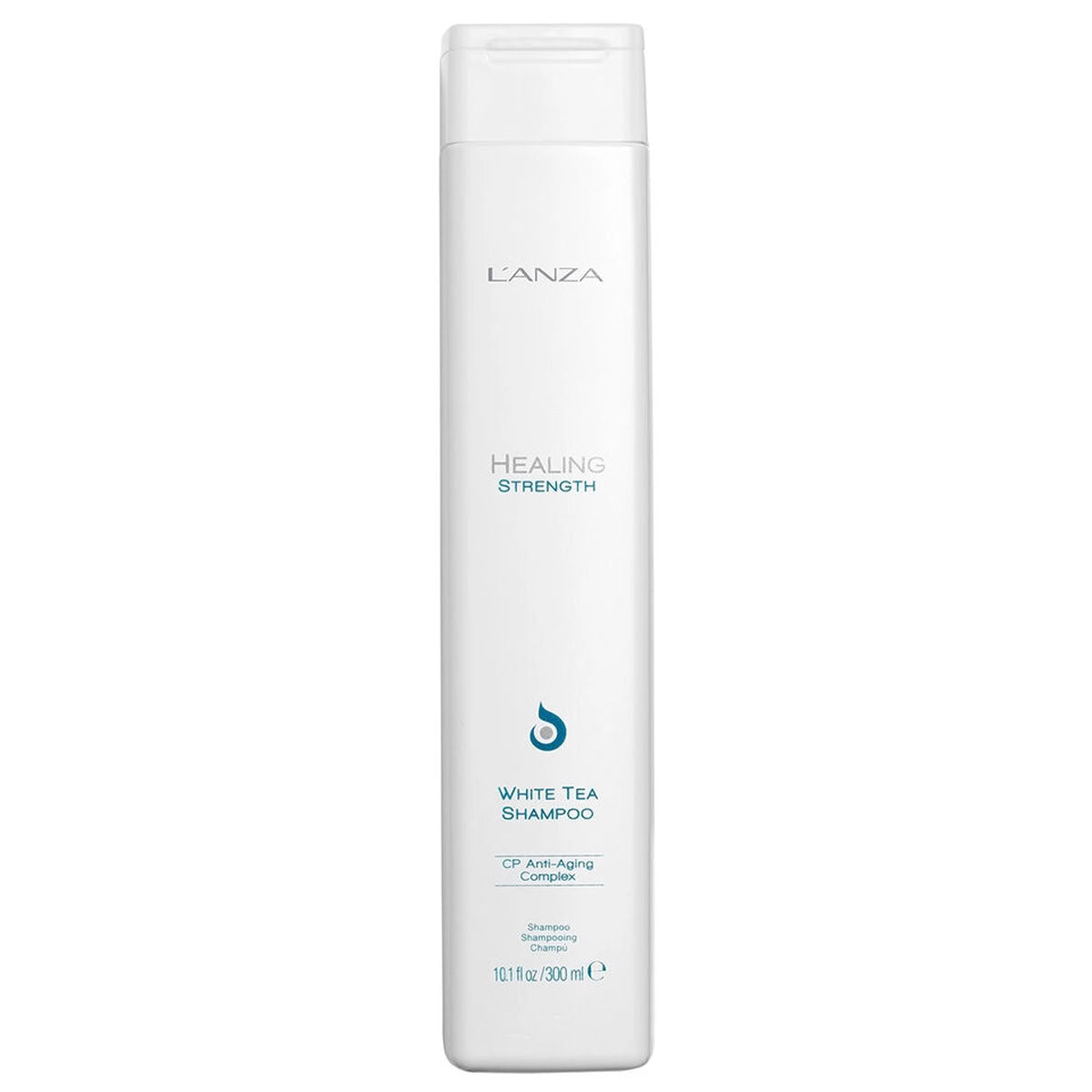 A tall white bottle of L'ANZA Healing Strength White Tea Shampoo 10.1  with a white cap, shown against a plain white background.