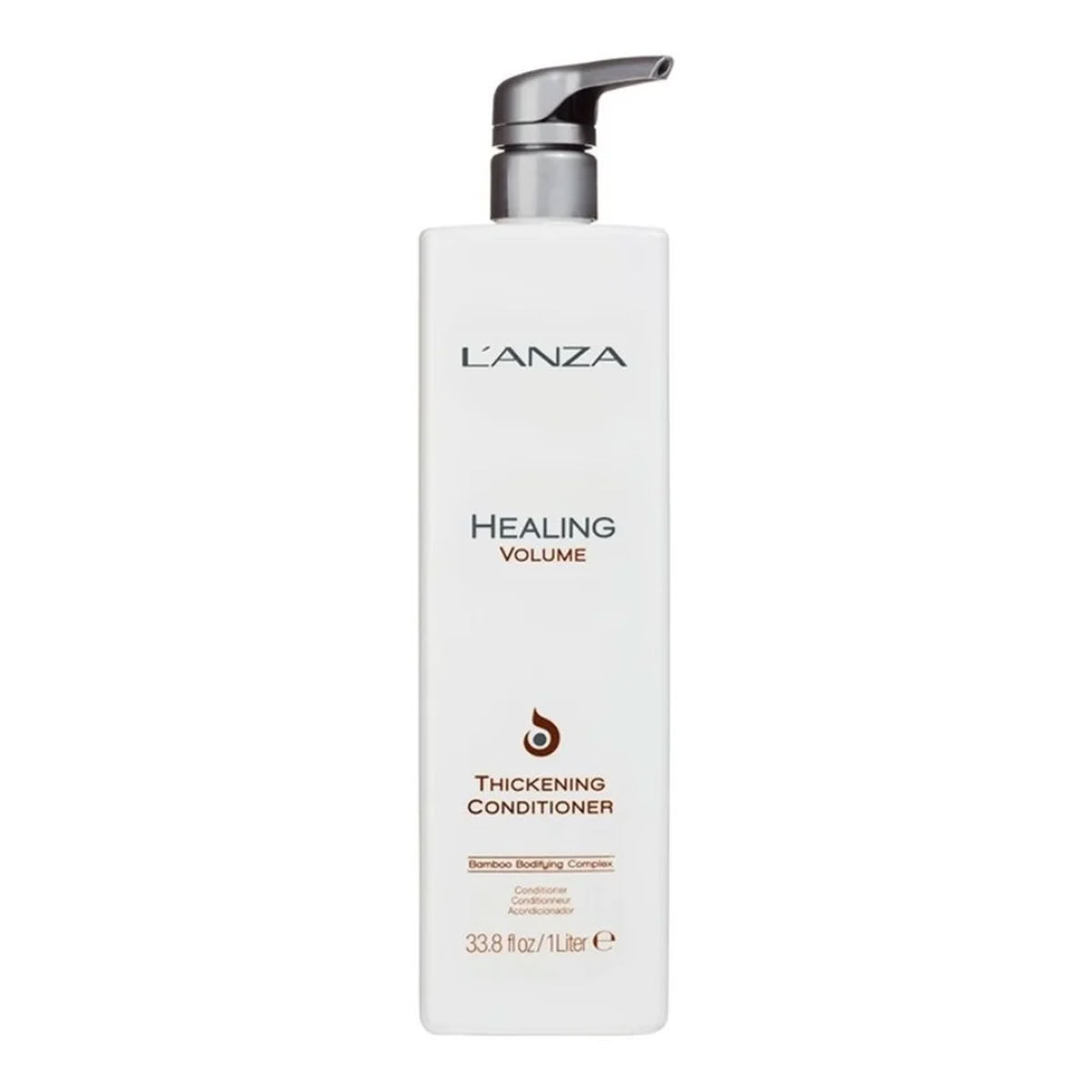 A tall white bottle of L'ANZA Healing Volume Thickening Conditioner with a silver pump dispenser, shown against a plain white background.