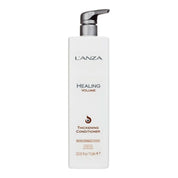 A tall white bottle of L'ANZA Healing Volume Thickening Conditioner with a silver pump dispenser, shown against a plain white background.