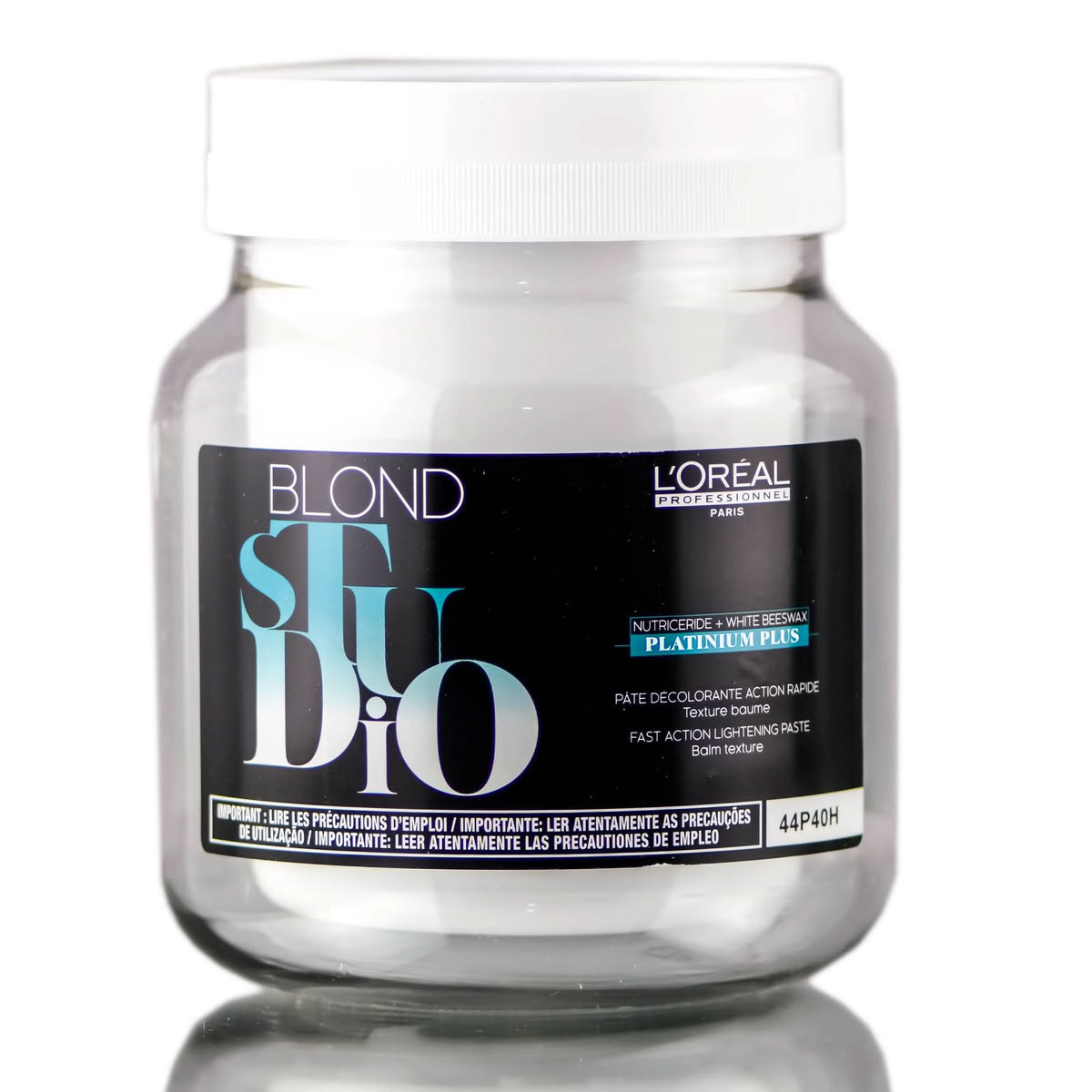 L'Oréal Professionnel Blond Studio Platinum Plus Lightening Paste 17.6 Oz hair product jar on a white background