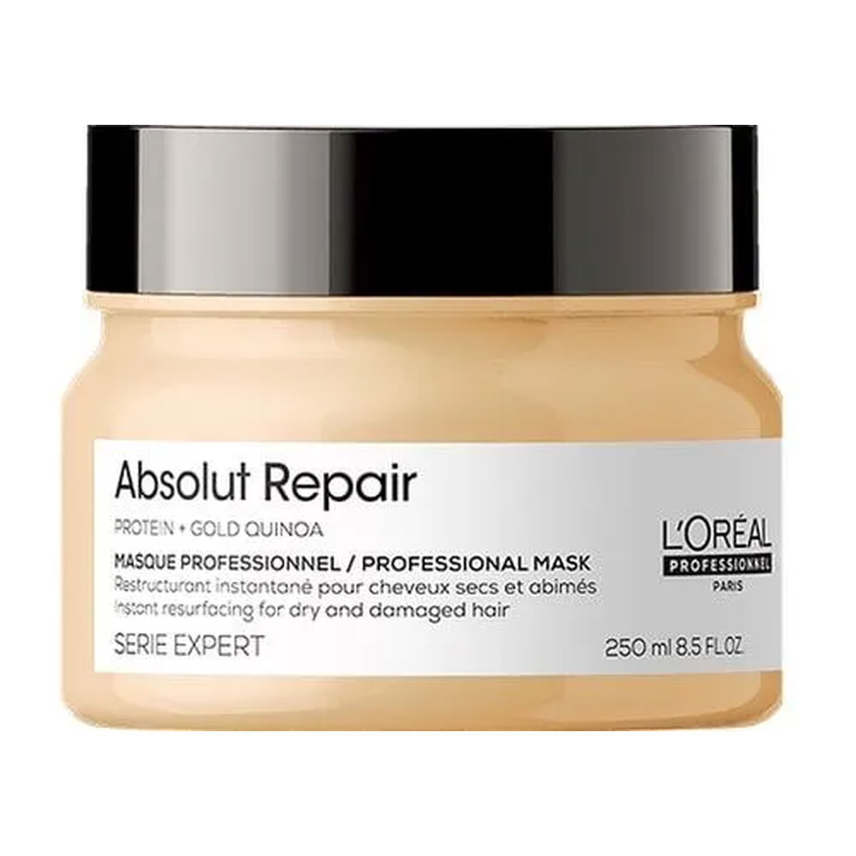 L'Oréal Professionnel Absolut Repair Professional Mask jar in gold-toned packaging with a black lid and white label, on a white background.