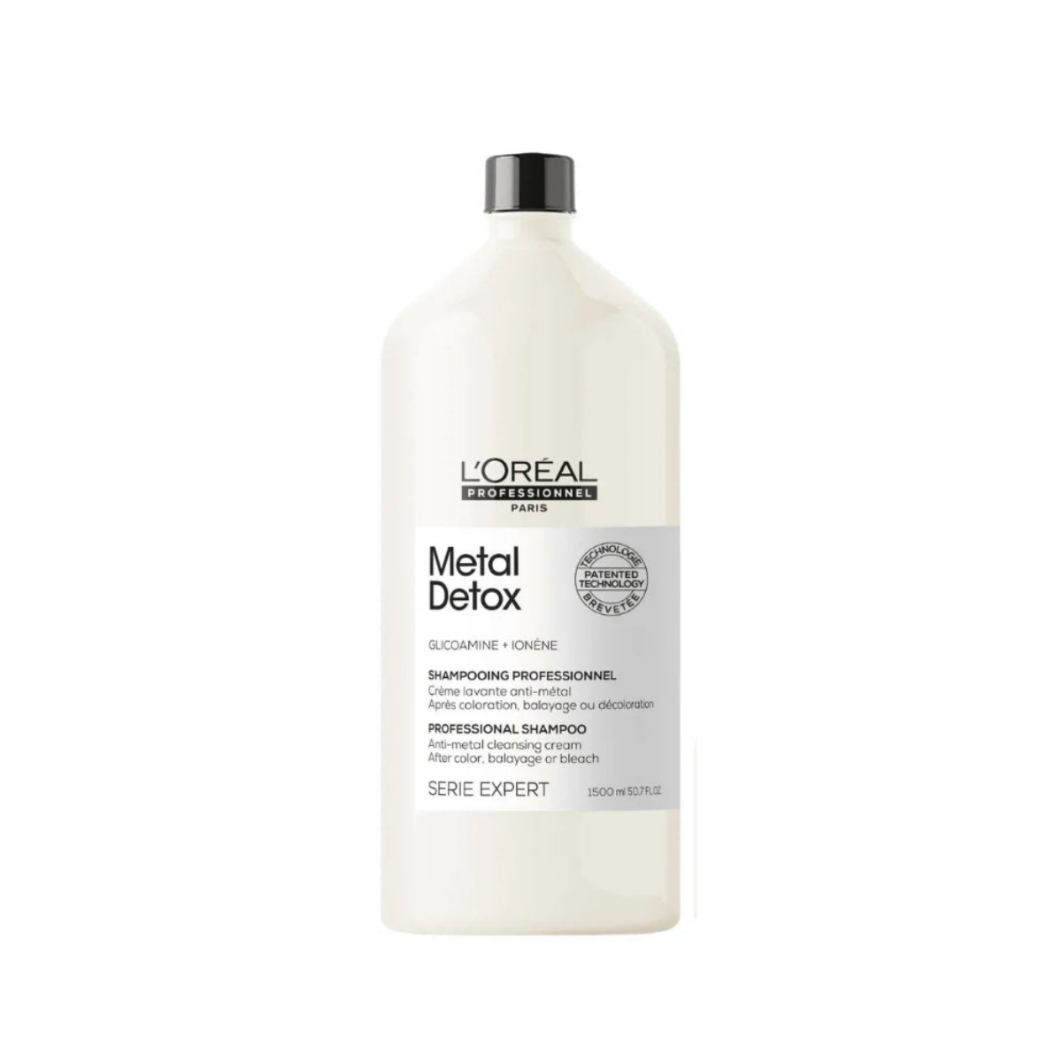 A large white bottle of L'Oréal Professionnel Paris Metal Detox shampoo with a black cap, centered on a plain white background.