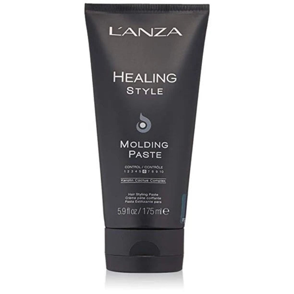 L'ANZA Healing Style Molding Paste high-shine styling paste in a matte black squeeze tube with silver text, shown on a white background.