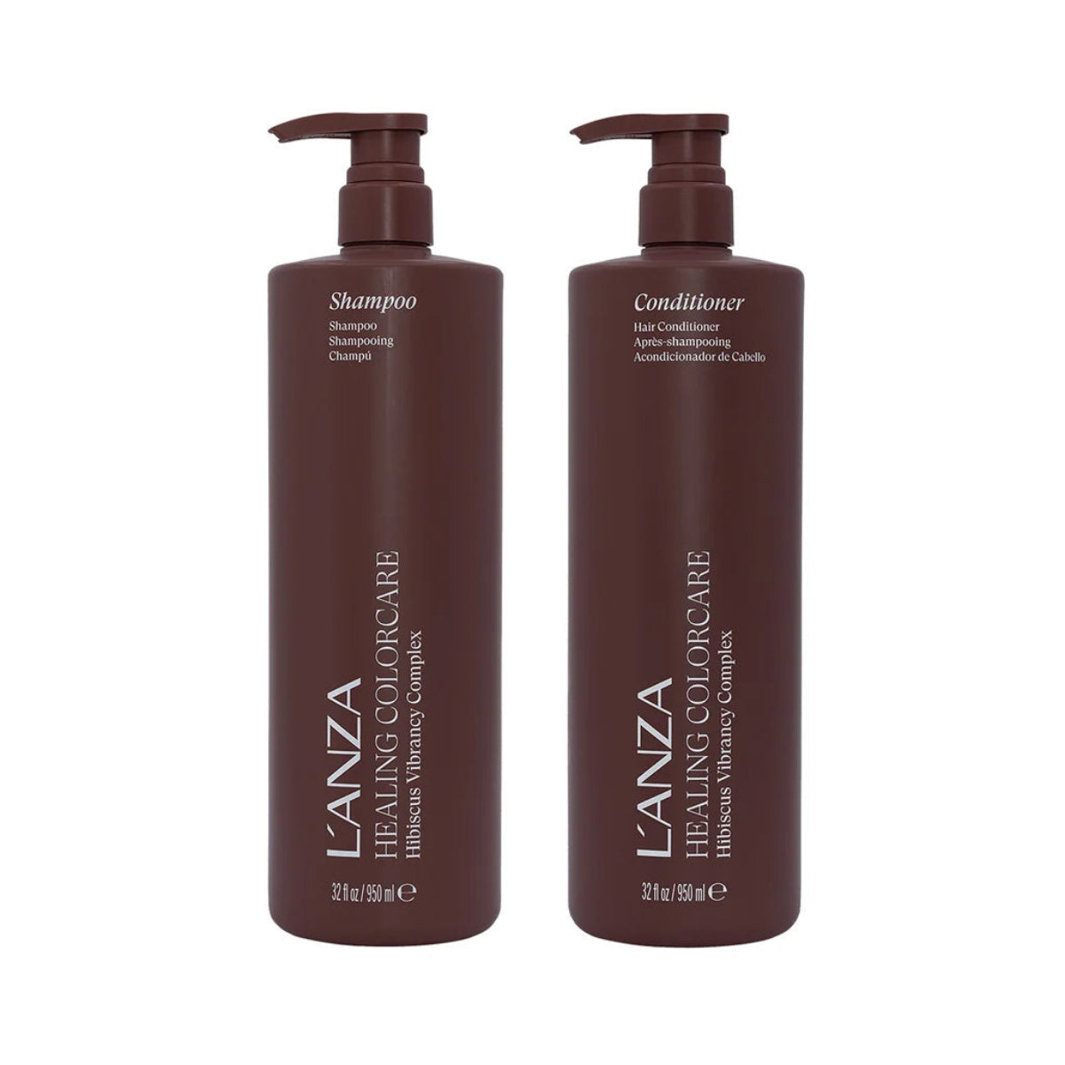 Two L'ANZA Healing Colorcare pump bottles, one labeled Shampoo and the other labeled Conditioner, in a dark brown color on a plain white background.