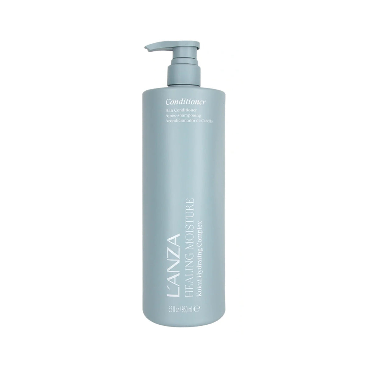 L'ANZA Healing Moisture Conditioner in a tall, light blue pump bottle, shown against a plain white background.