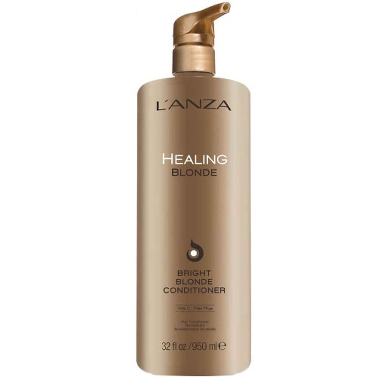 L'ANZA Healing Blonde Bright Blonde Conditioner in a 32 fl oz pump bottle, featuring a metallic gold design on a white background.