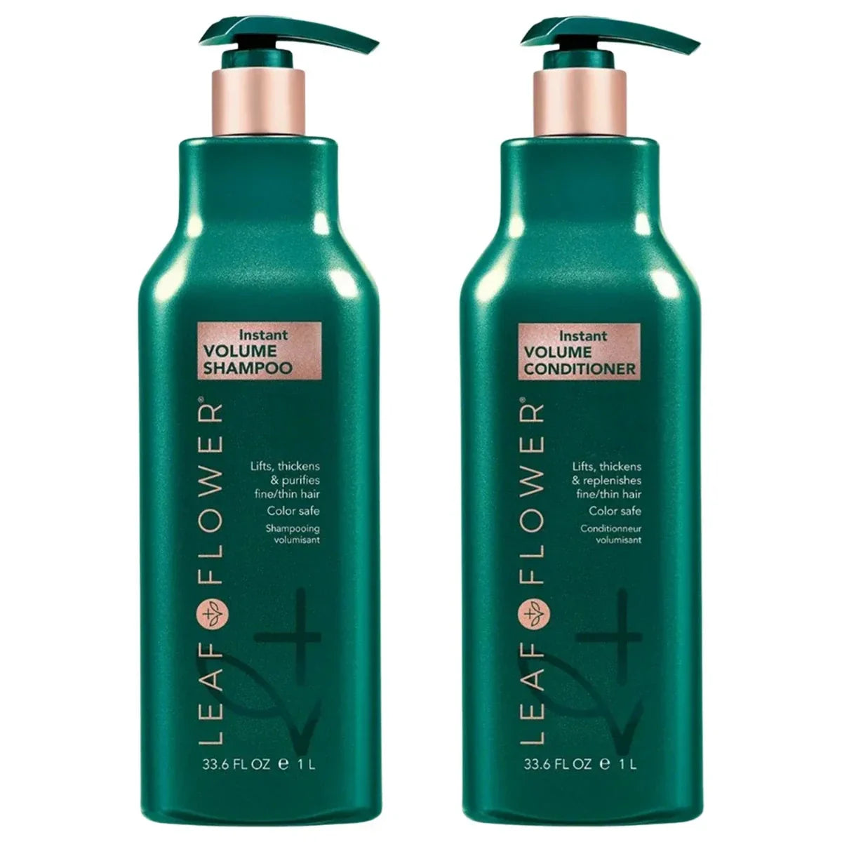 Two green bottles of Leaf Flower Instant Volume Shampoo and Conditioner on a white background
