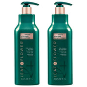 Two green bottles of Leaf Flower Instant Volume Shampoo and Conditioner on a white background