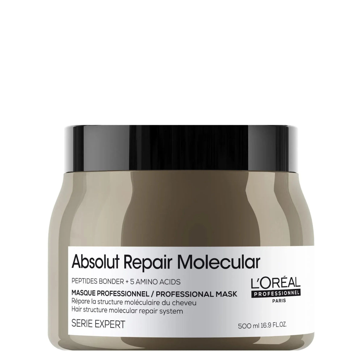 L'Oréal Professionnel Paris Absolut Repair Molecular hair mask in a 500 ml jar, featuring a dark gray-brown container, black lid, and white label.