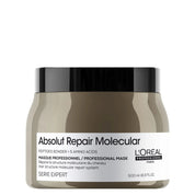 L'Oréal Professionnel Paris Absolut Repair Molecular hair mask in a 500 ml jar, featuring a dark gray-brown container, black lid, and white label.