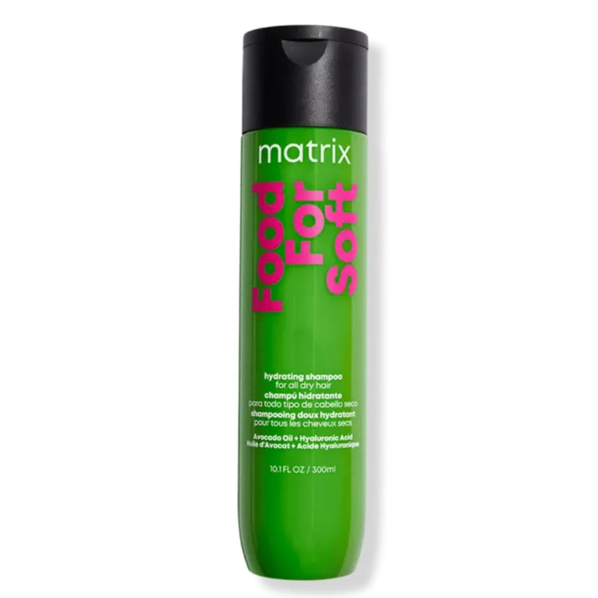 A 10 fl oz bottle of Matrix Food For Soft Hydrating Shampoo for dry hair, featuring a bright green body with pink and white text and a black cap, set against a plain white background.