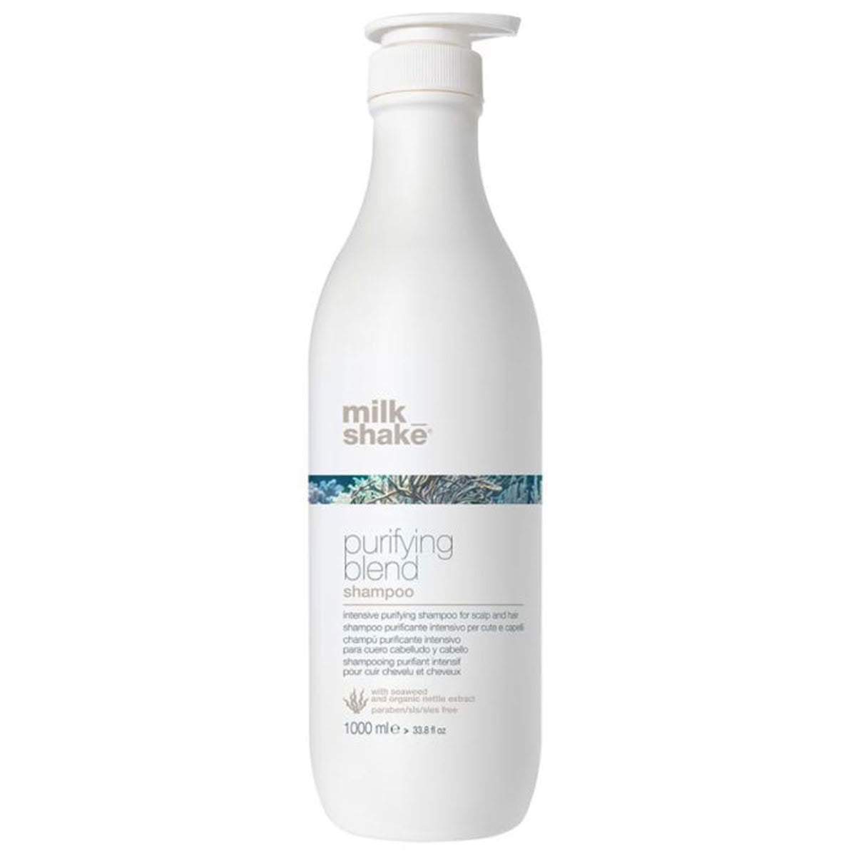 A 1000 ml white bottle of Milk Shake Purifying Blend Shampoo with a white pump dispenser, featuring a blue patterned band on the label.