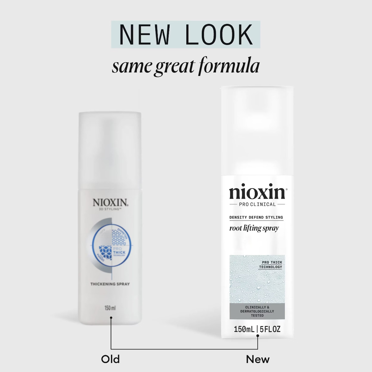Comparison of Nioxin product packaging, old vs new design on a white background