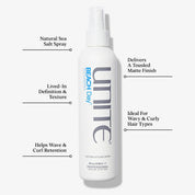 Unite Beach Day spray bottle with text highlighting its features on a white background