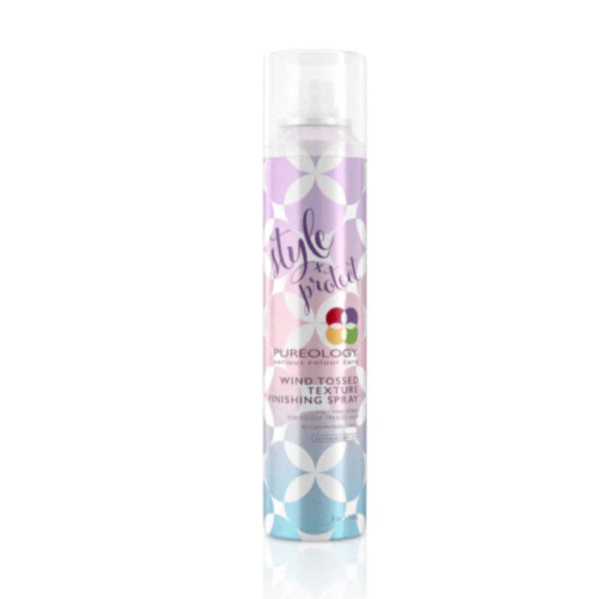 Hair spray bottle with colorful design on a white background