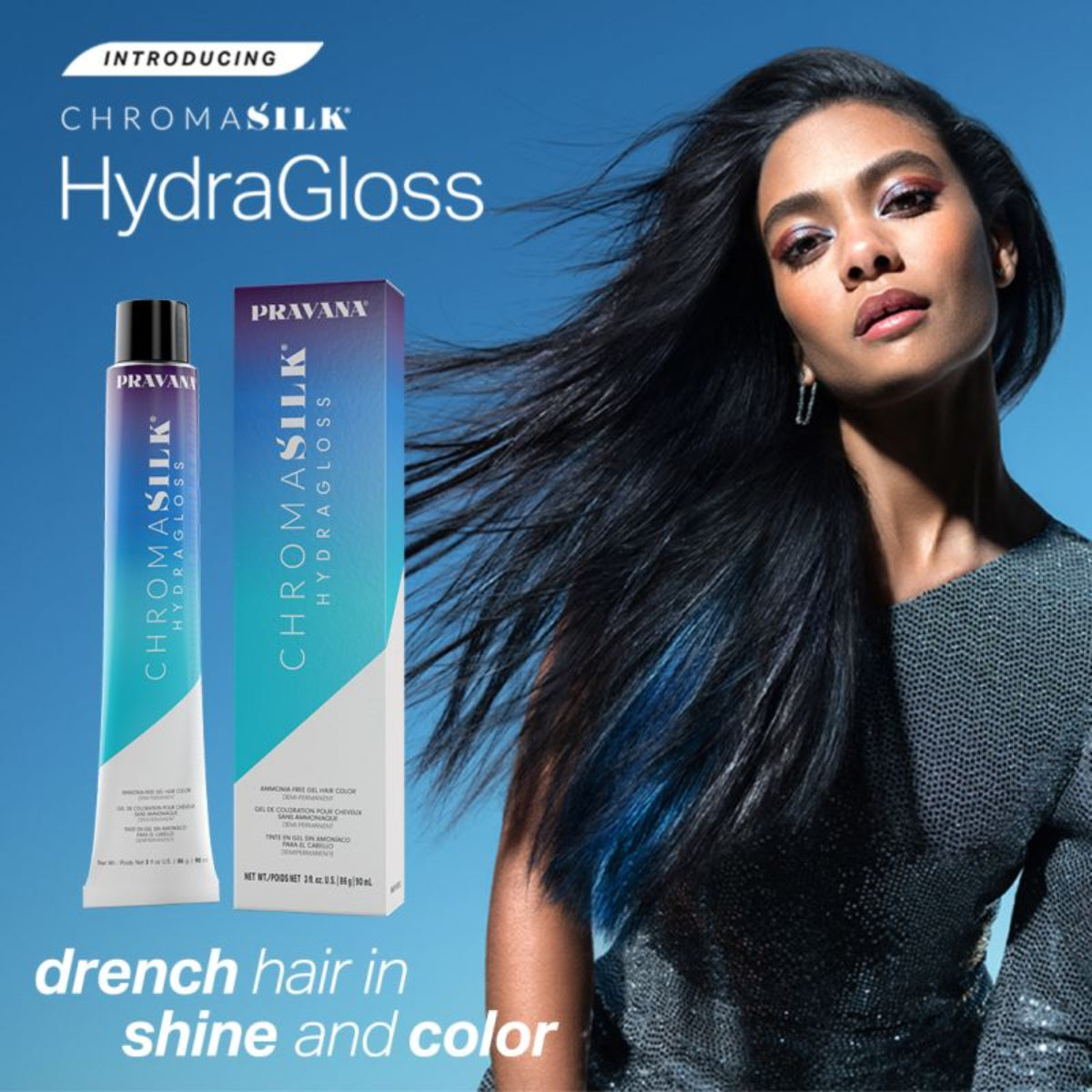 Advertisement for Chromasilk HydraGloss hair product with a model and product packaging on a blue background.