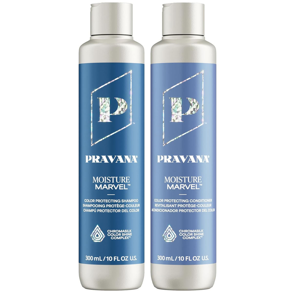 Two Pravana Moisture Marvel shampoo and conditioner bottles on a white background