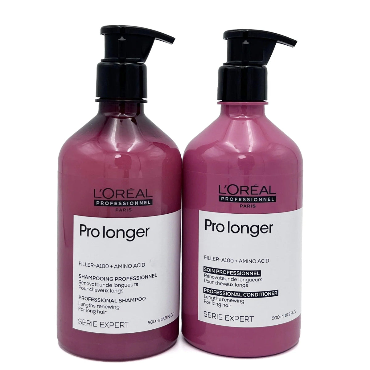Two L'Oreal Professional Pro Longer shampoo and conditioner bottles on a white background
