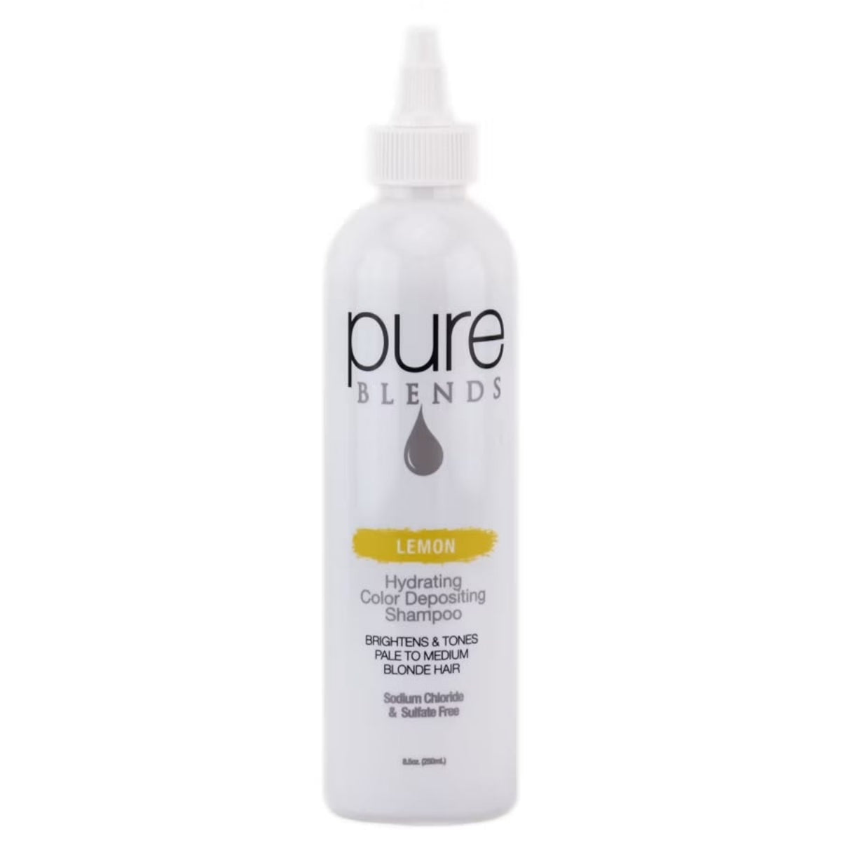 A white bottle of Pure Blends Hydrating Color Depolishing Shampoo in Lemon scent, featuring a white cap and black text on a clean white background.