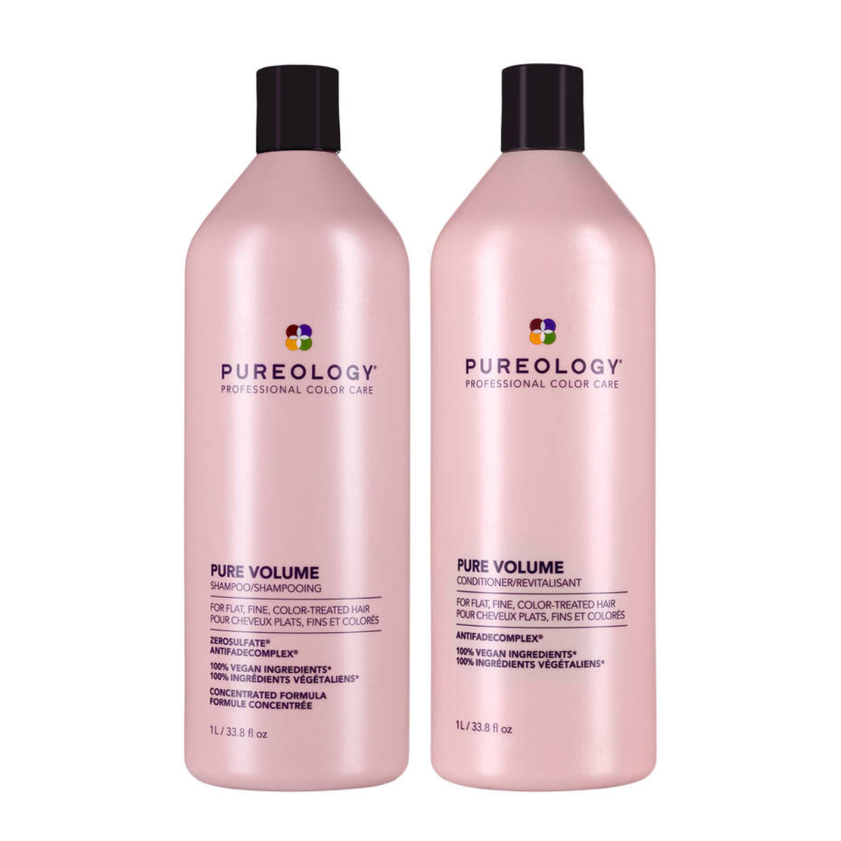 Two bottles of Pureology Pure Volume shampoo and conditioner on a white background
