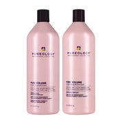 Two bottles of Pureology Pure Volume shampoo and conditioner on a white background