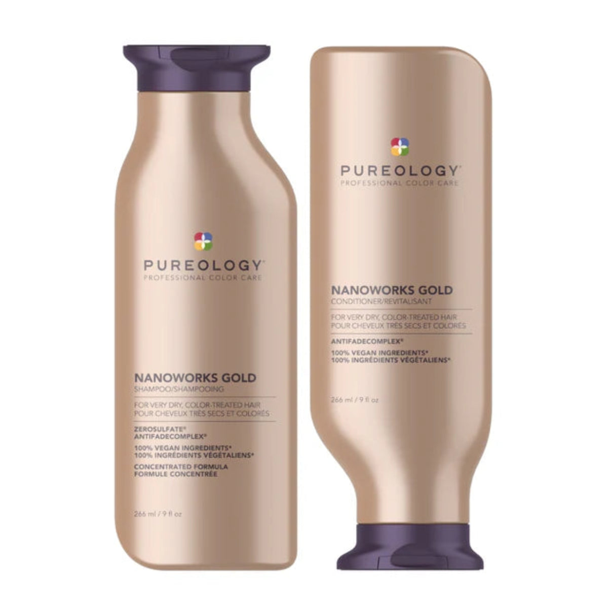 Two bottles of Pureology Nanoworks Gold hair care products on a white background