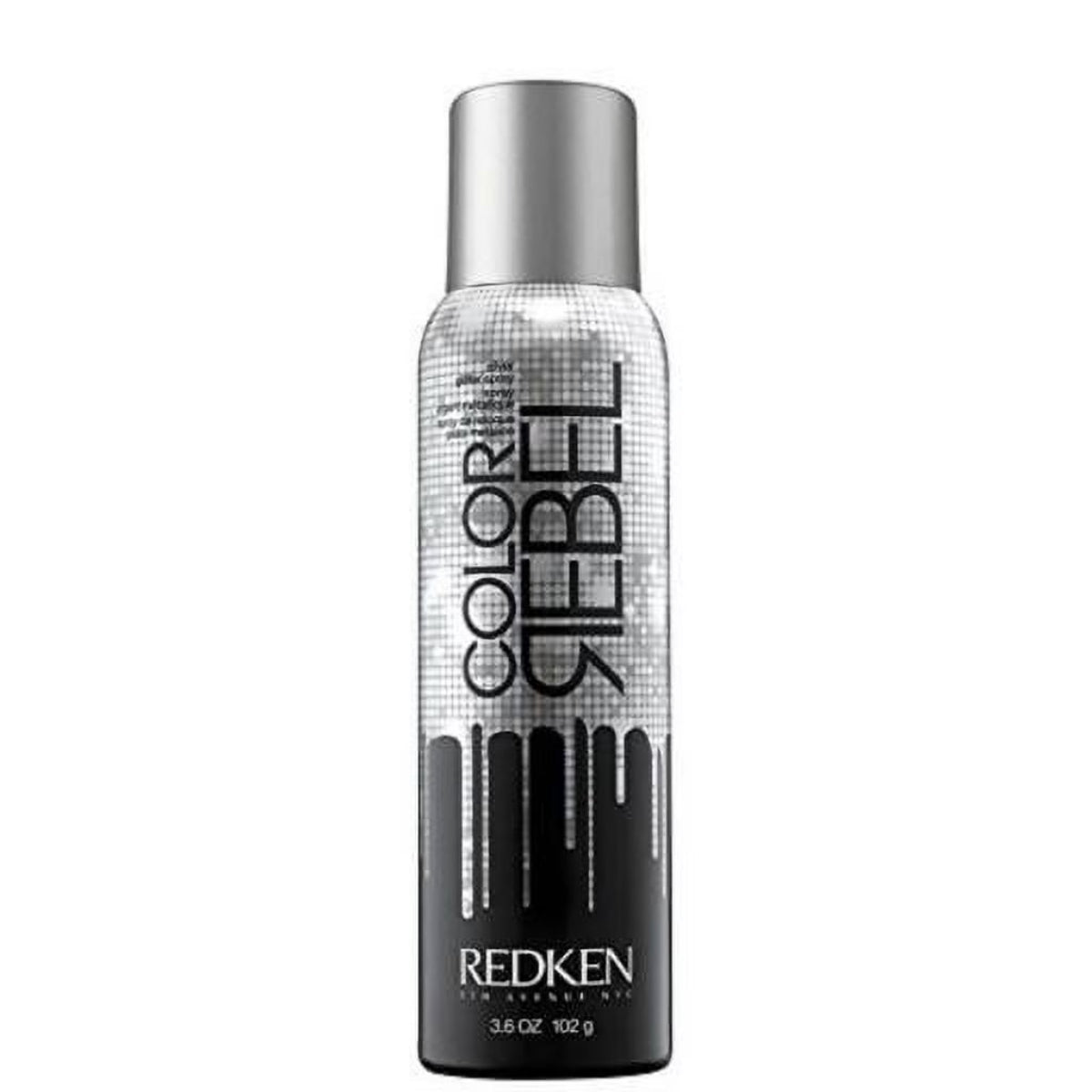 A can of Redken Color Rebel Hair Color Spray on a plain white background. The spray can is silver with a black and white dripping paint design and a silver cap.