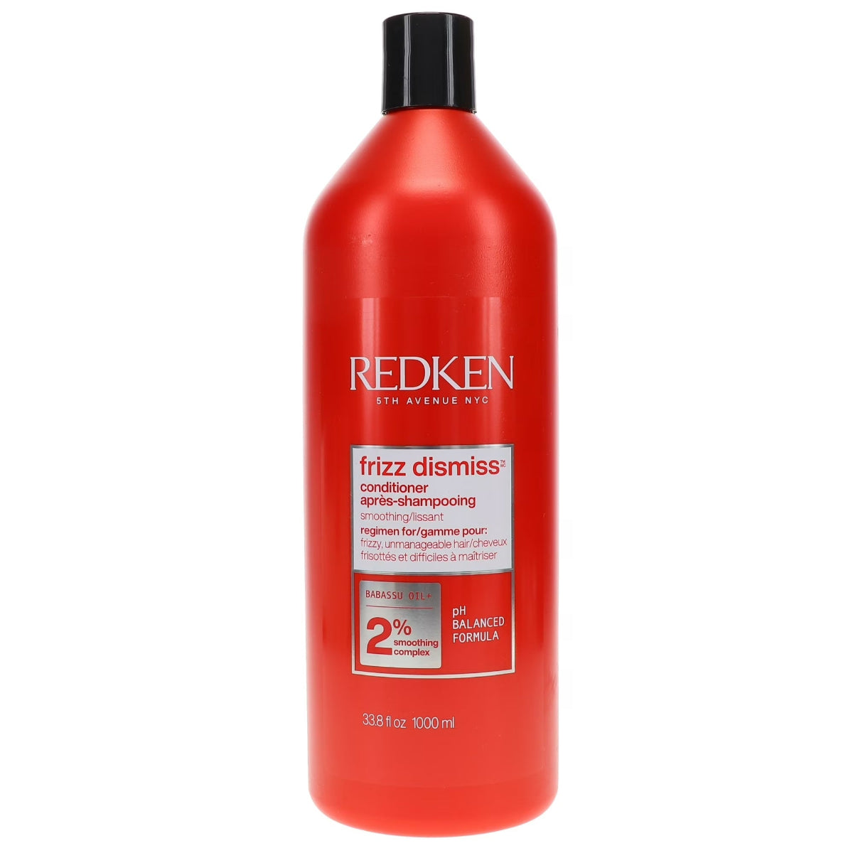 Red bottle of Redken frizz dismiss conditioner on a white background