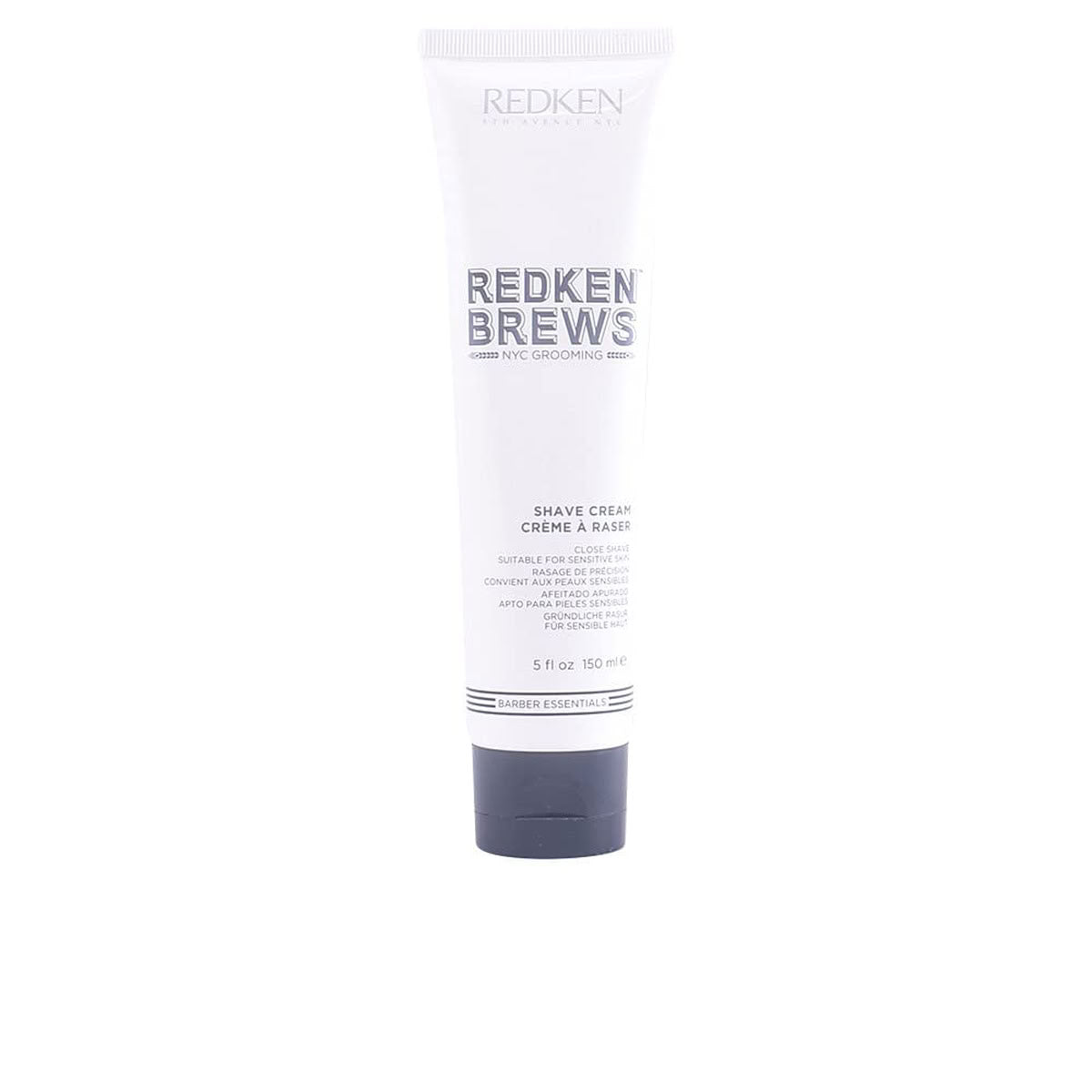 A 5 fl oz white squeeze tube of Redken Redken Brews Shave Cream Creme & Balm with a dark gray cap, centered on a plain white background.