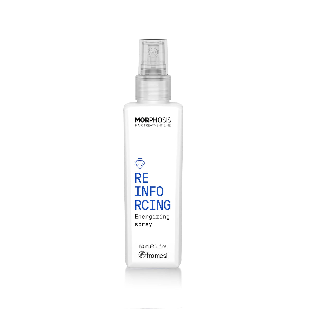 A white bottle of MORPHOSIS Re-Infoc ing Energizing spray with a clear spray nozzle, set against a plain white background with a subtle reflection.